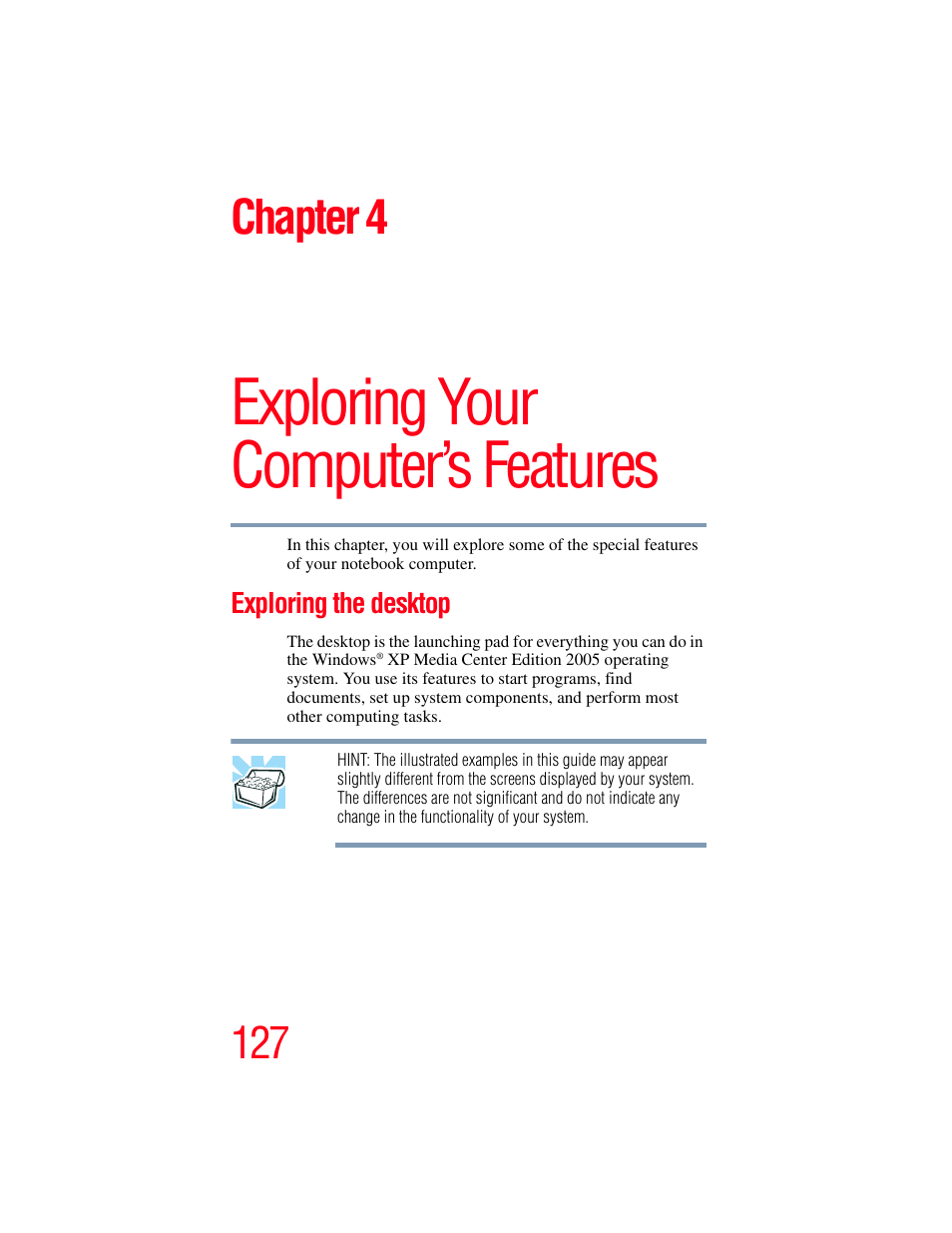 Chapter 4: exploring your computer’s features, Exploring the desktop, Exploring your computer’s features | Chapter 4 | Toshiba F25Series User Manual | Page 127 / 345