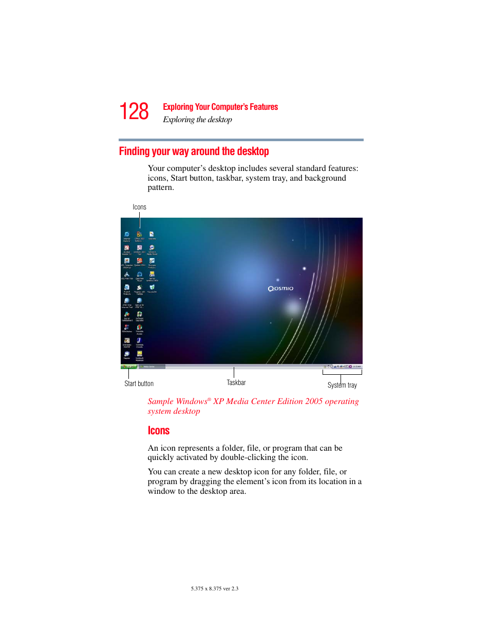 Finding your way around the desktop, Icons | Toshiba F25Series User Manual | Page 128 / 345