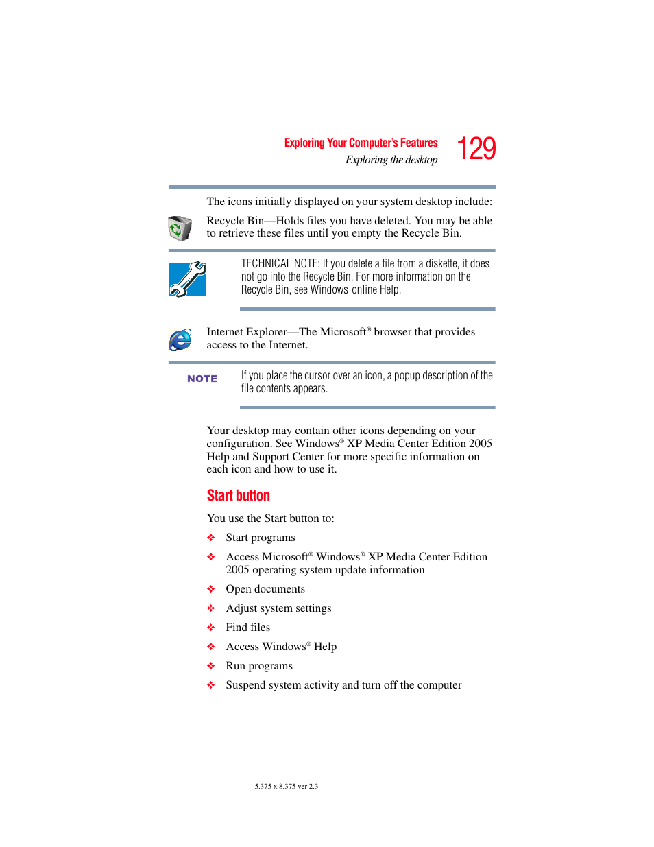 Start button | Toshiba F25Series User Manual | Page 129 / 345