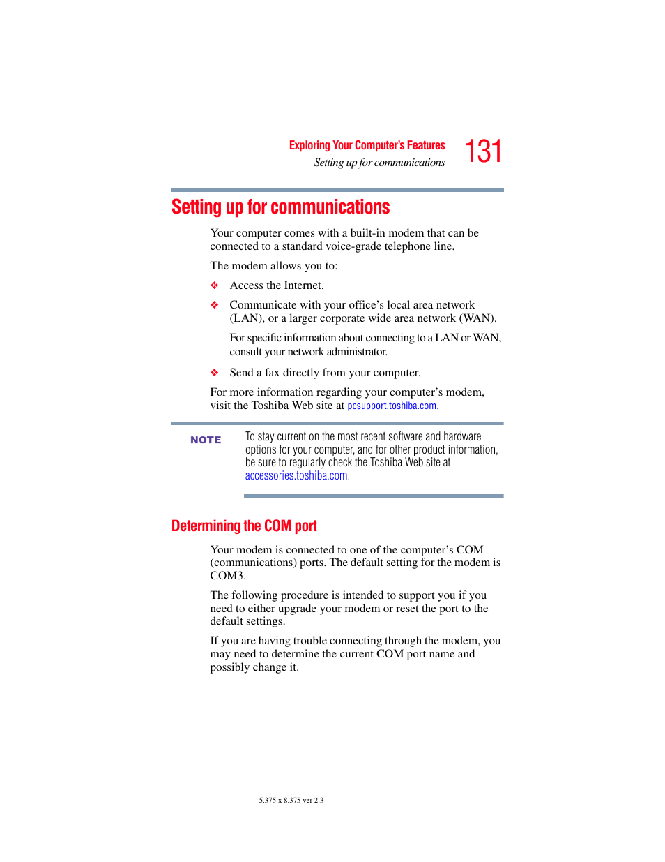 Setting up for communications, Determining the com port | Toshiba F25Series User Manual | Page 131 / 345
