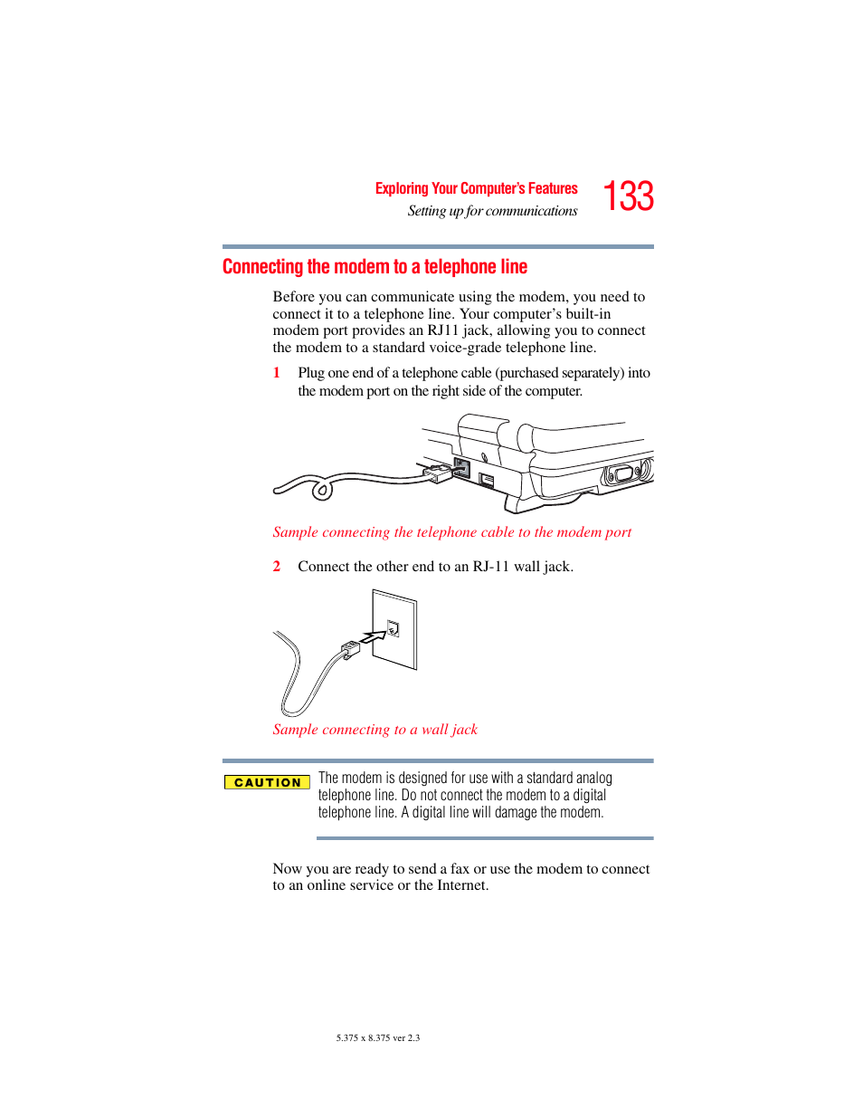 Connecting the modem to a telephone line | Toshiba F25Series User Manual | Page 133 / 345