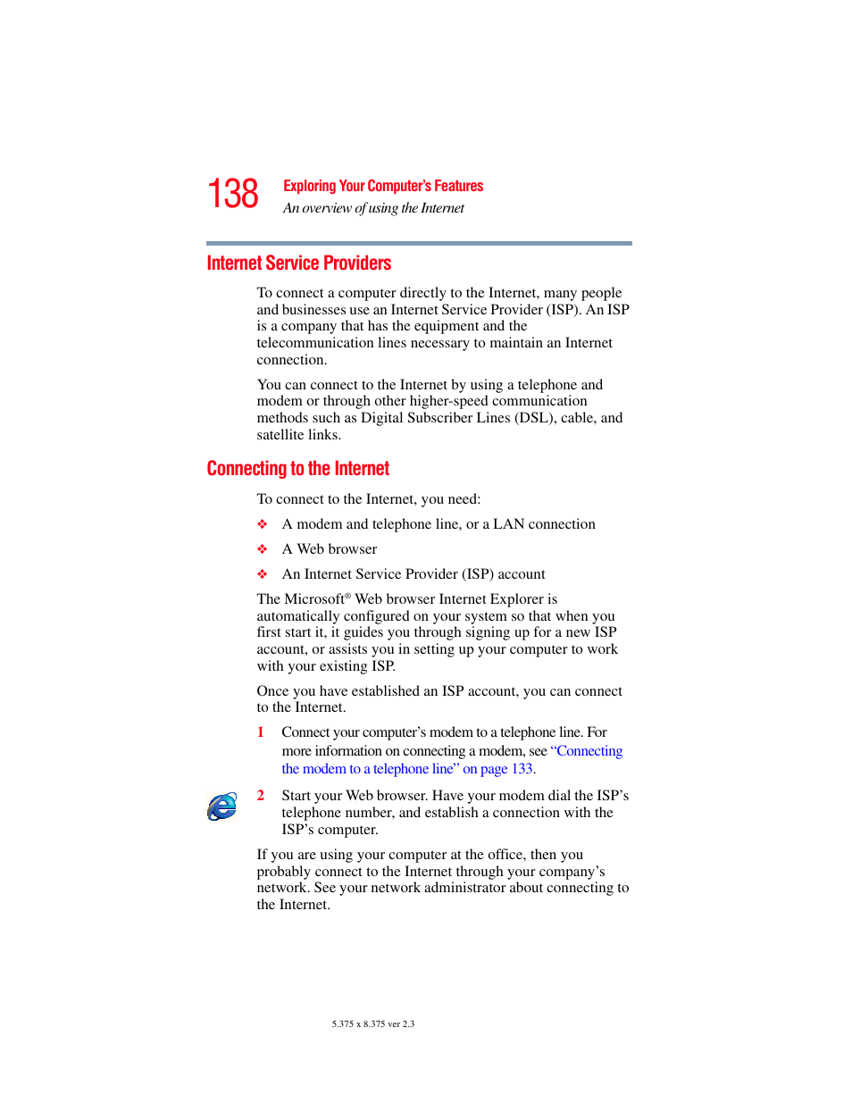 Internet service providers, Connecting to the internet | Toshiba F25Series User Manual | Page 138 / 345