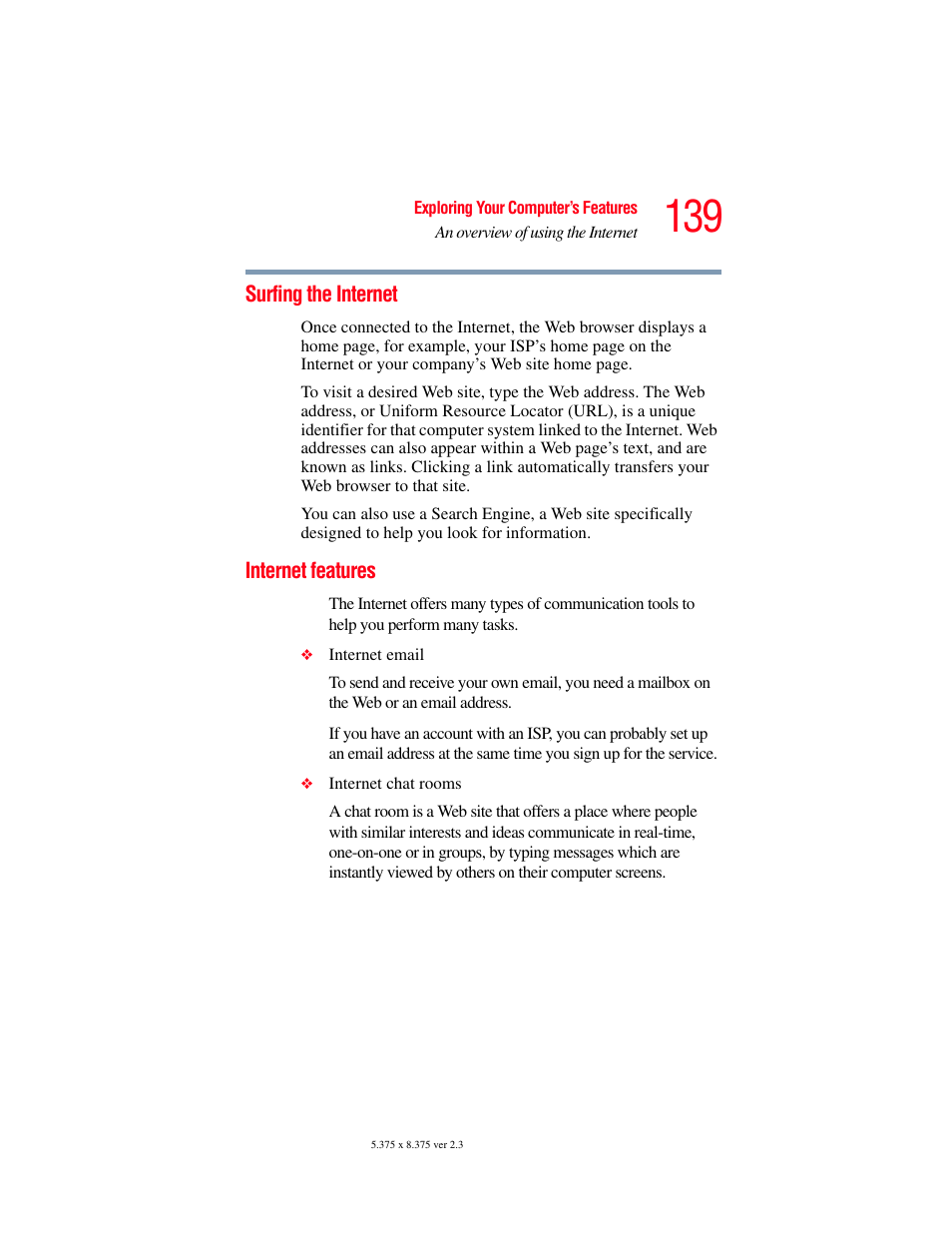 Surfing the internet, Internet features, Surfing the internet internet features | Toshiba F25Series User Manual | Page 139 / 345