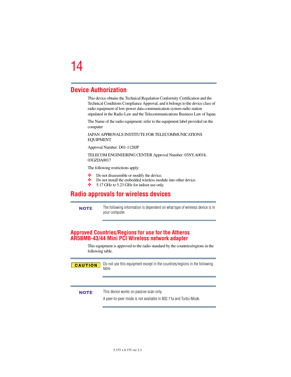 Device authorization, Radio approvals for wireless devices | Toshiba F25Series User Manual | Page 14 / 345