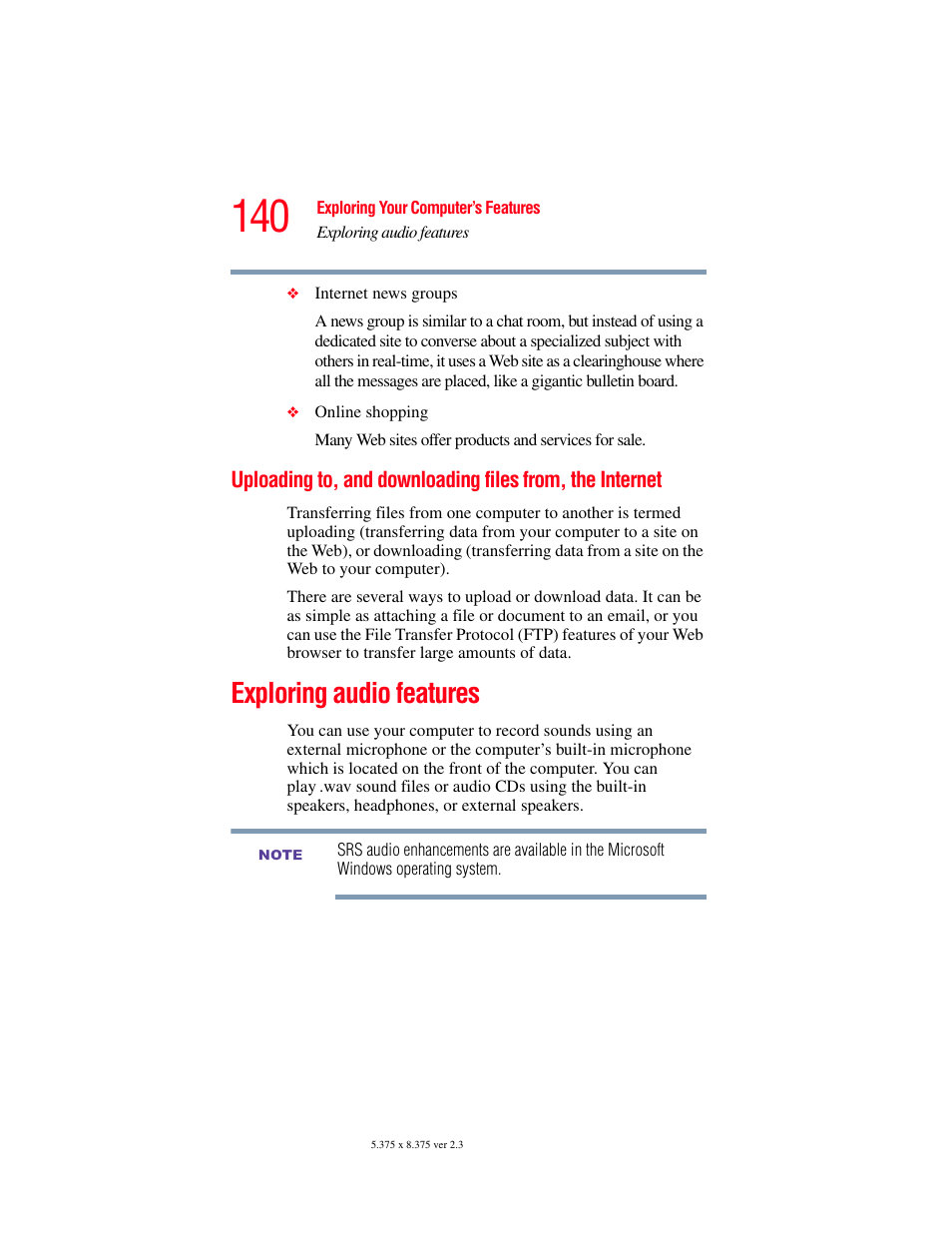 Exploring audio features, Uploading to, and downloading files from, The internet | Toshiba F25Series User Manual | Page 140 / 345