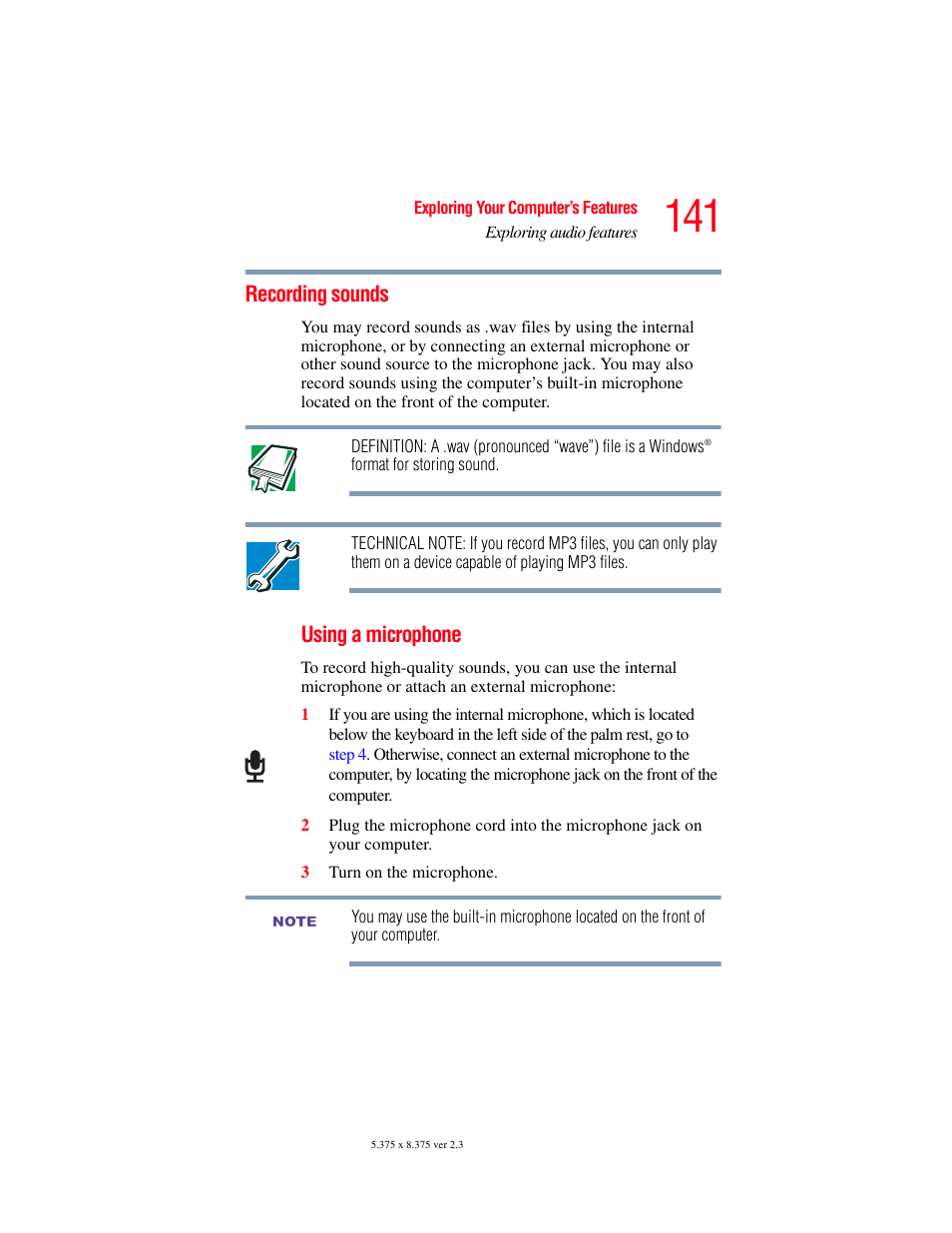 Recording sounds | Toshiba F25Series User Manual | Page 141 / 345