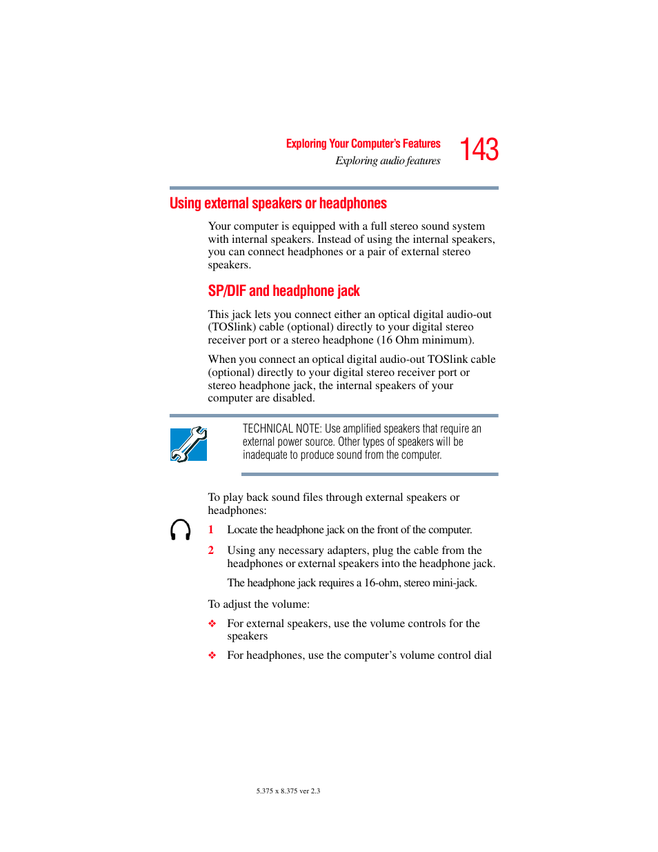 Using external speakers or headphones, Using | Toshiba F25Series User Manual | Page 143 / 345