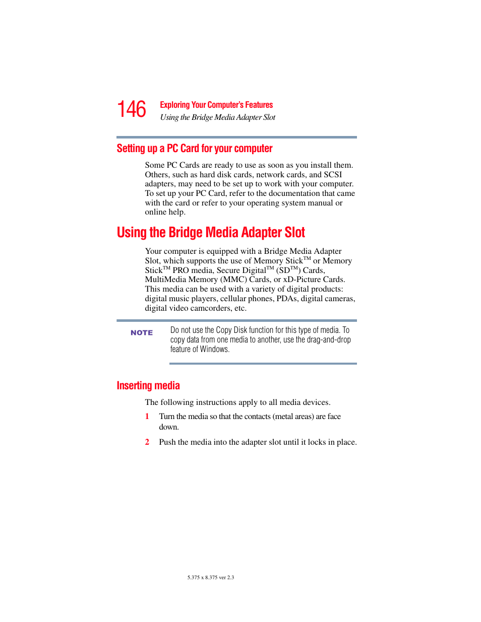 Setting up a pc card for your computer, Using the bridge media adapter slot, Inserting media | Toshiba F25Series User Manual | Page 146 / 345