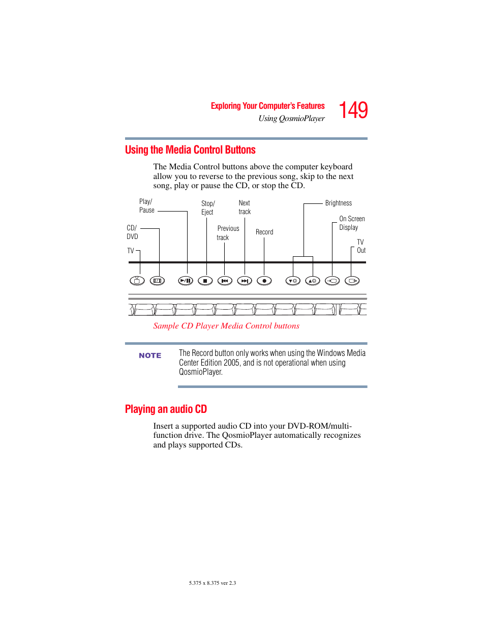 Using the media control buttons, Playing an audio cd | Toshiba F25Series User Manual | Page 149 / 345