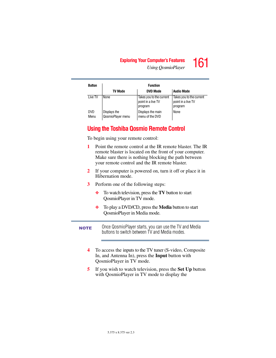 Using the toshiba qosmio remote control | Toshiba F25Series User Manual | Page 161 / 345