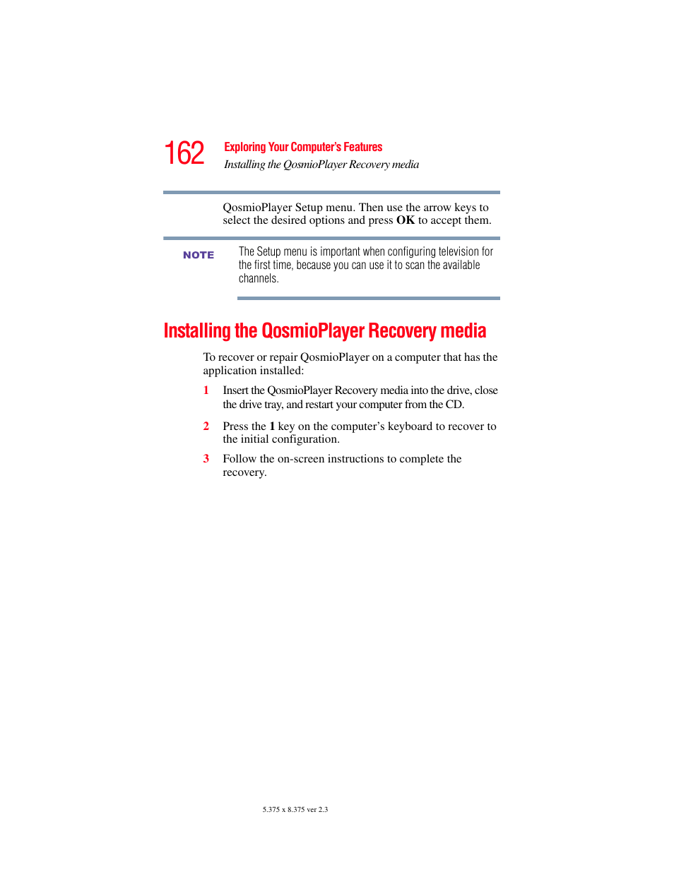 Installing the qosmioplayer recovery media | Toshiba F25Series User Manual | Page 162 / 345
