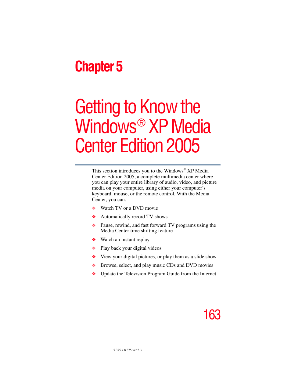 Chapter 5: getting to know the windows, Getting to know the windows, Xp media center edition 2005 | Chapter 5 | Toshiba F25Series User Manual | Page 163 / 345