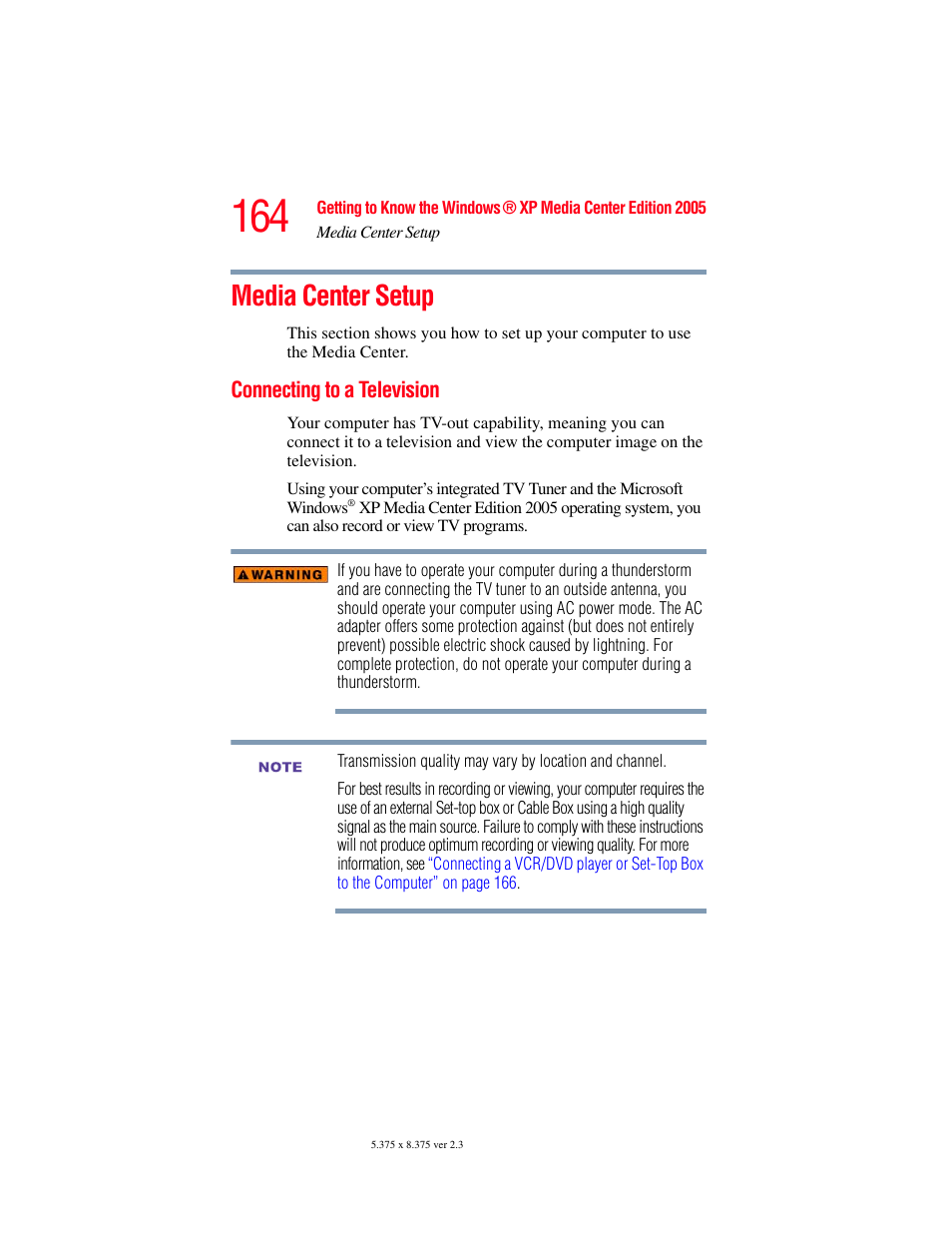 Media center setup, Connecting to a television | Toshiba F25Series User Manual | Page 164 / 345