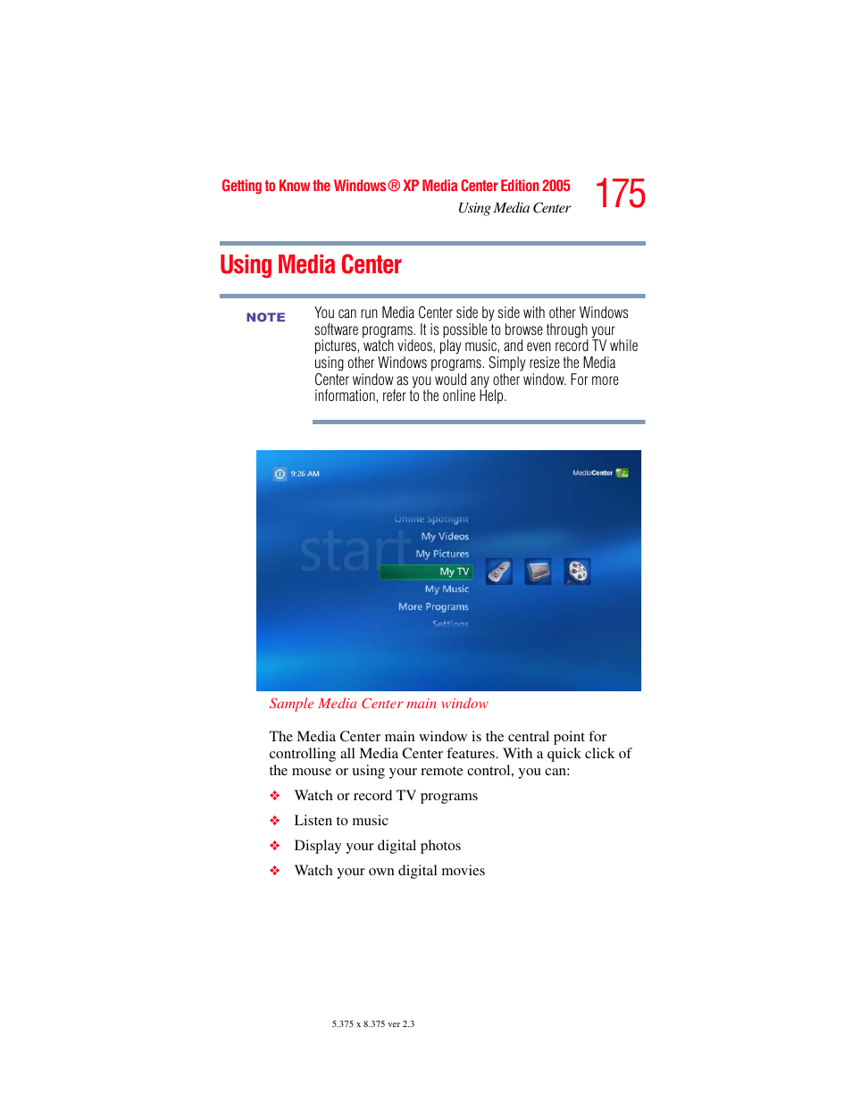 Using media center | Toshiba F25Series User Manual | Page 175 / 345