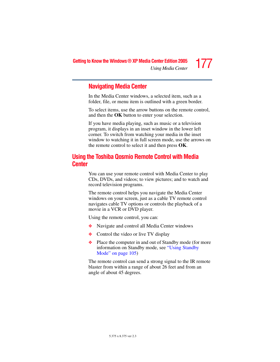 Using the toshiba qosmio remote control, With media center | Toshiba F25Series User Manual | Page 177 / 345