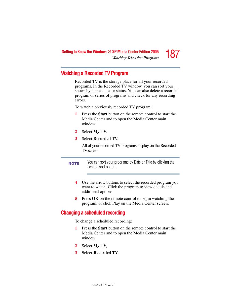 Watching a recorded tv program, Changing a scheduled recording | Toshiba F25Series User Manual | Page 187 / 345