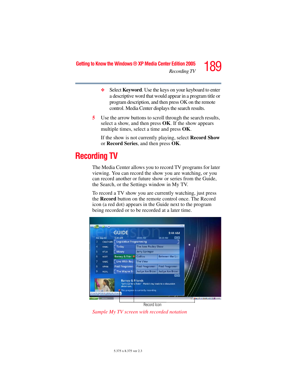 Recording tv | Toshiba F25Series User Manual | Page 189 / 345