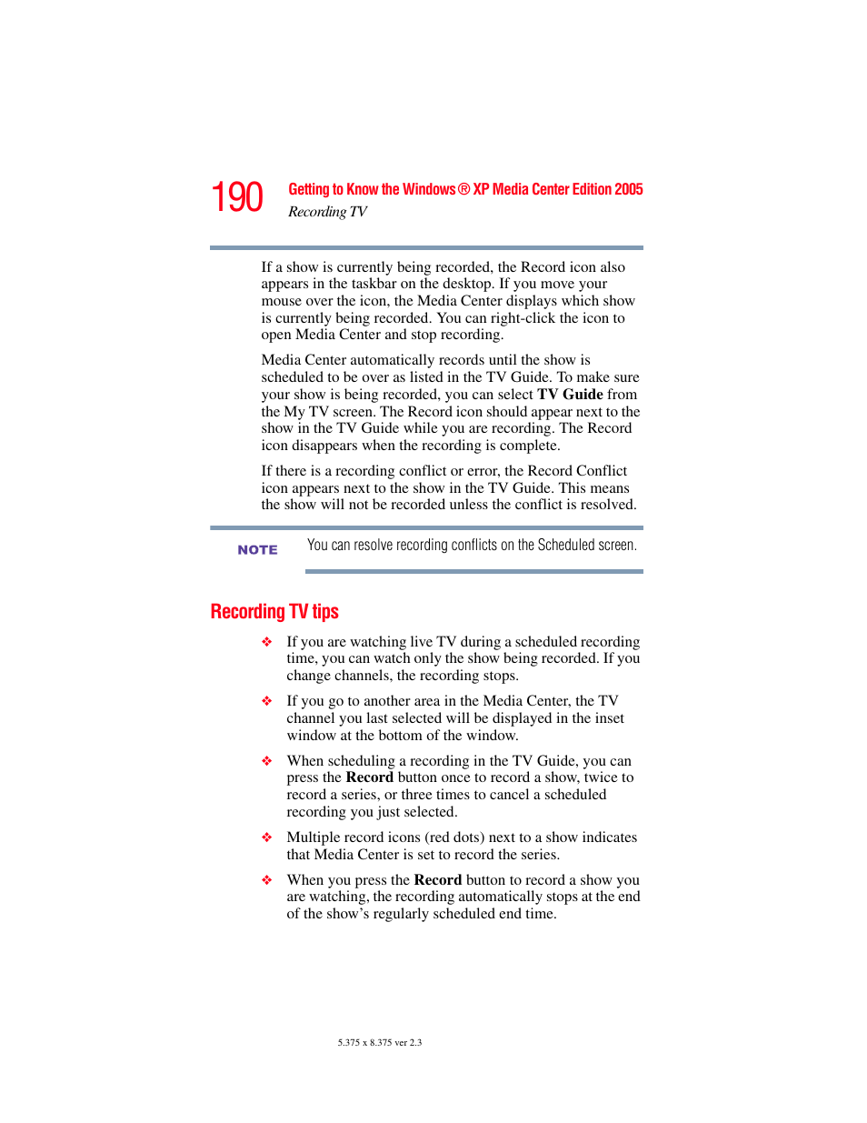 Recording tv tips | Toshiba F25Series User Manual | Page 190 / 345