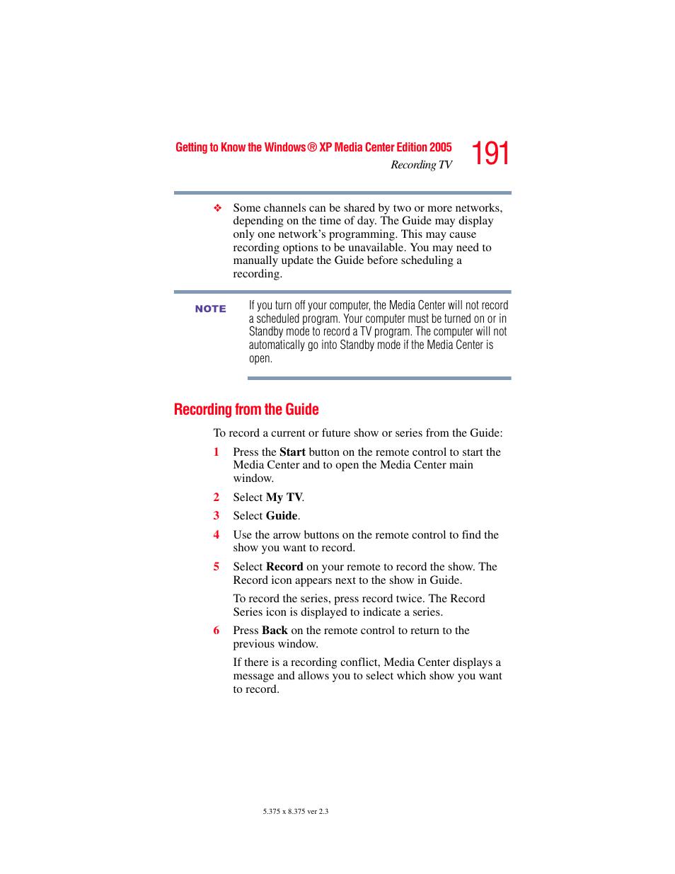 Recording from the guide | Toshiba F25Series User Manual | Page 191 / 345