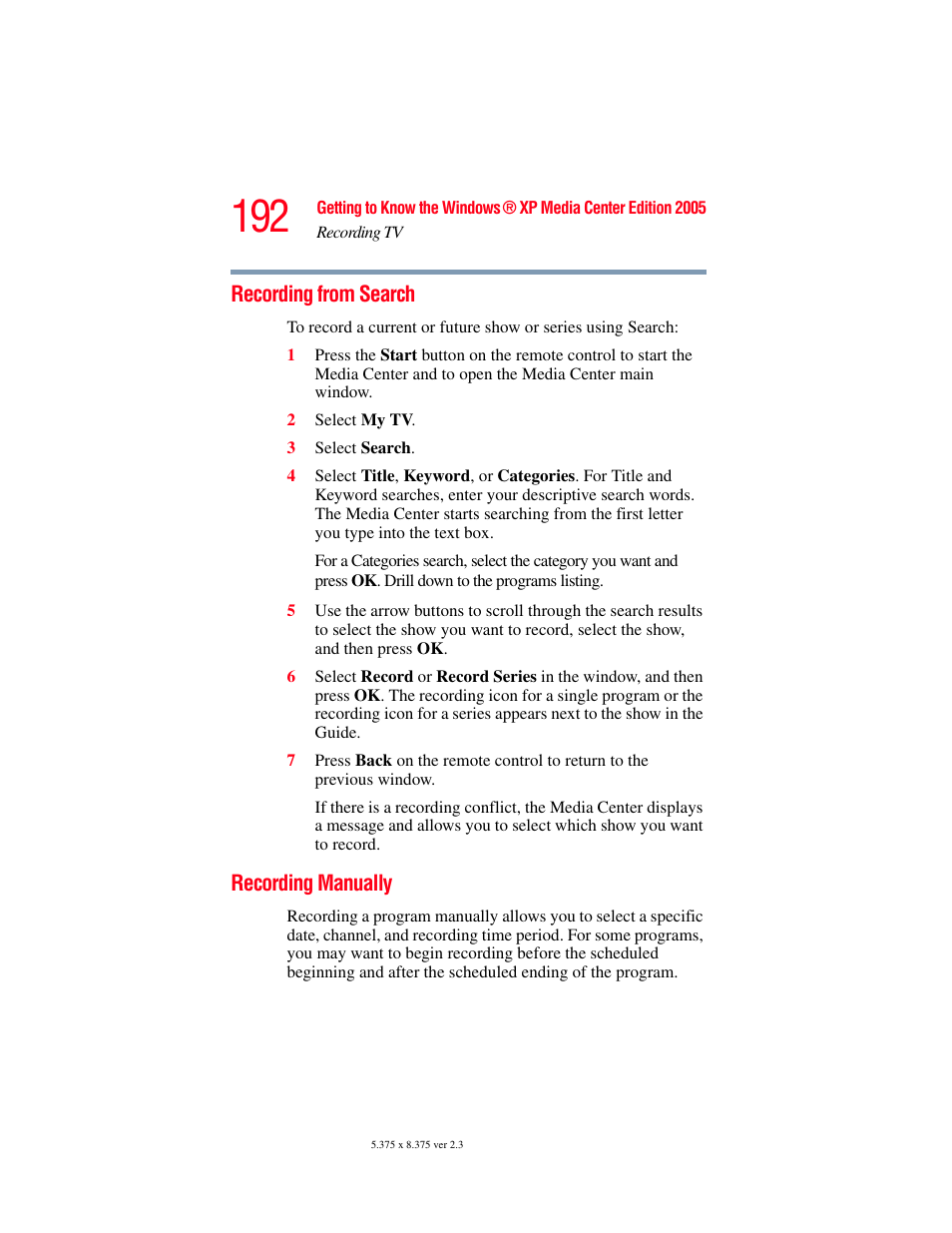 Recording from search, Recording manually, Recording from search recording manually | Toshiba F25Series User Manual | Page 192 / 345