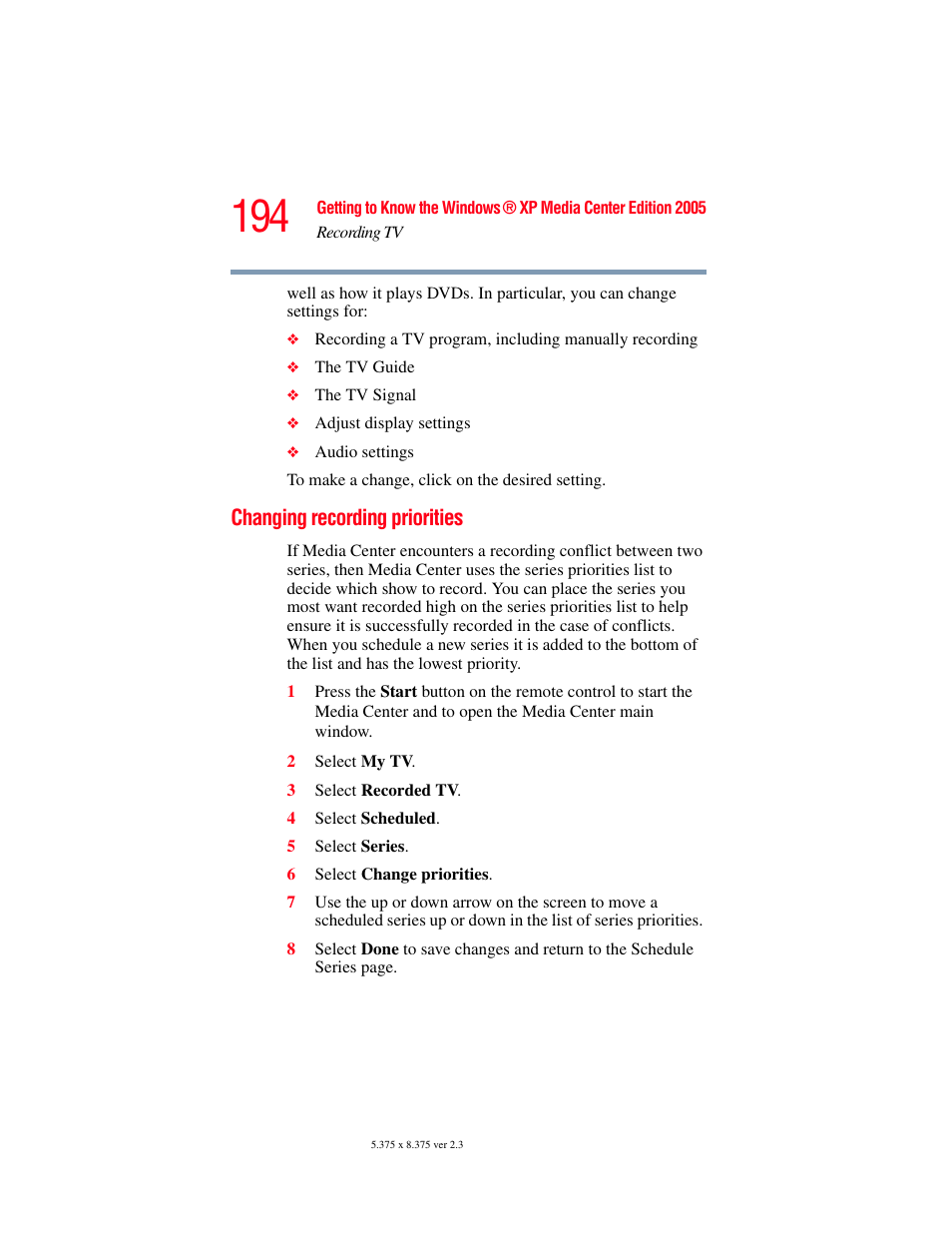 Changing recording priorities | Toshiba F25Series User Manual | Page 194 / 345