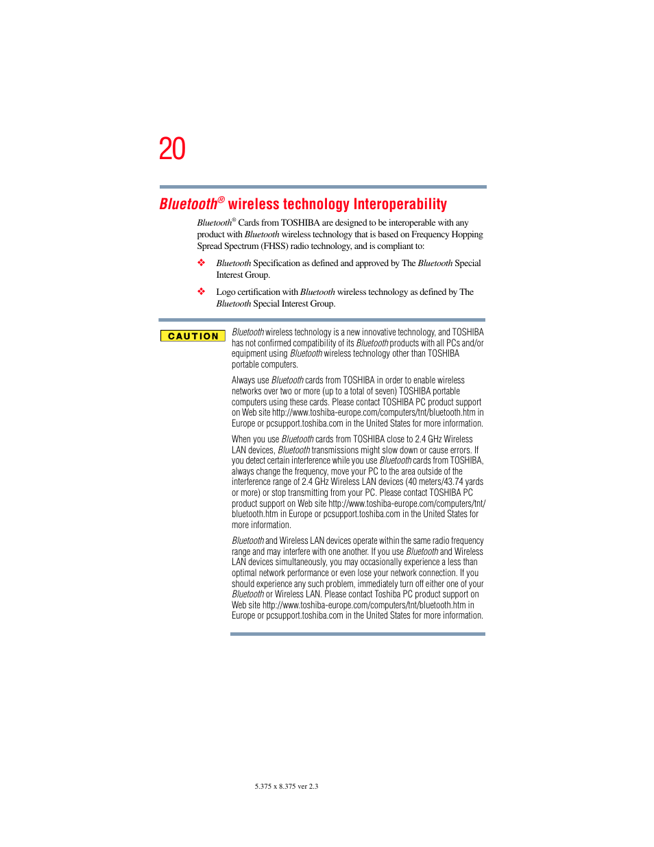 Bluetooth, Wireless technology interoperability | Toshiba F25Series User Manual | Page 20 / 345
