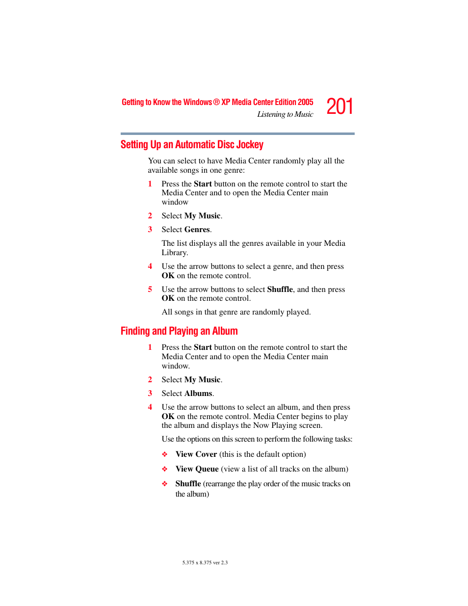 Setting up an automatic disc jockey, Finding and playing an album | Toshiba F25Series User Manual | Page 201 / 345