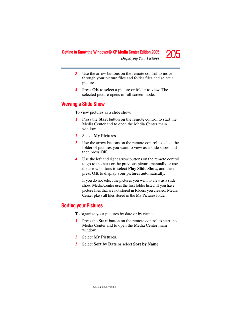 Viewing a slide show, Sorting your pictures, Viewing a slide show sorting your pictures | Toshiba F25Series User Manual | Page 205 / 345