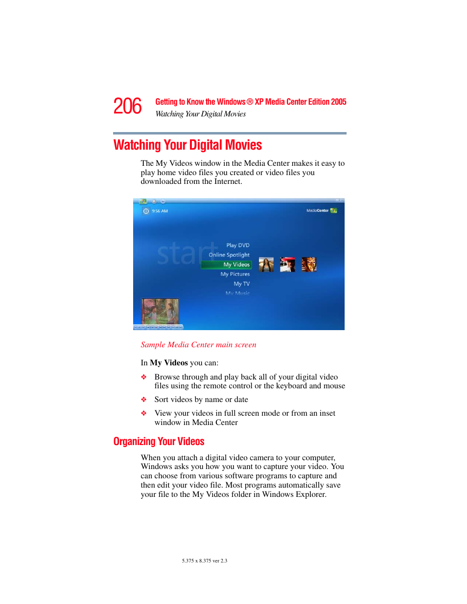 Watching your digital movies, Organizing your videos | Toshiba F25Series User Manual | Page 206 / 345