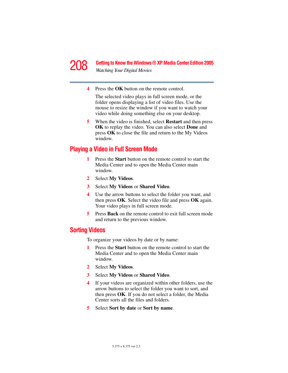Playing a video in full screen mode, Sorting videos, Playing a video in full screen mode sorting videos | Toshiba F25Series User Manual | Page 208 / 345