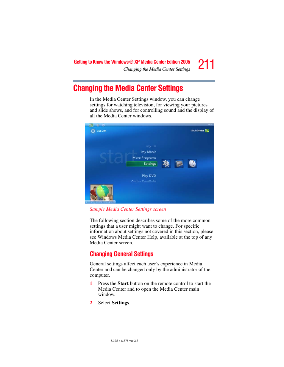 Changing the media center settings | Toshiba F25Series User Manual | Page 211 / 345