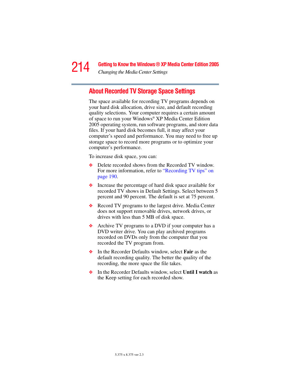 About recorded tv storage space settings | Toshiba F25Series User Manual | Page 214 / 345