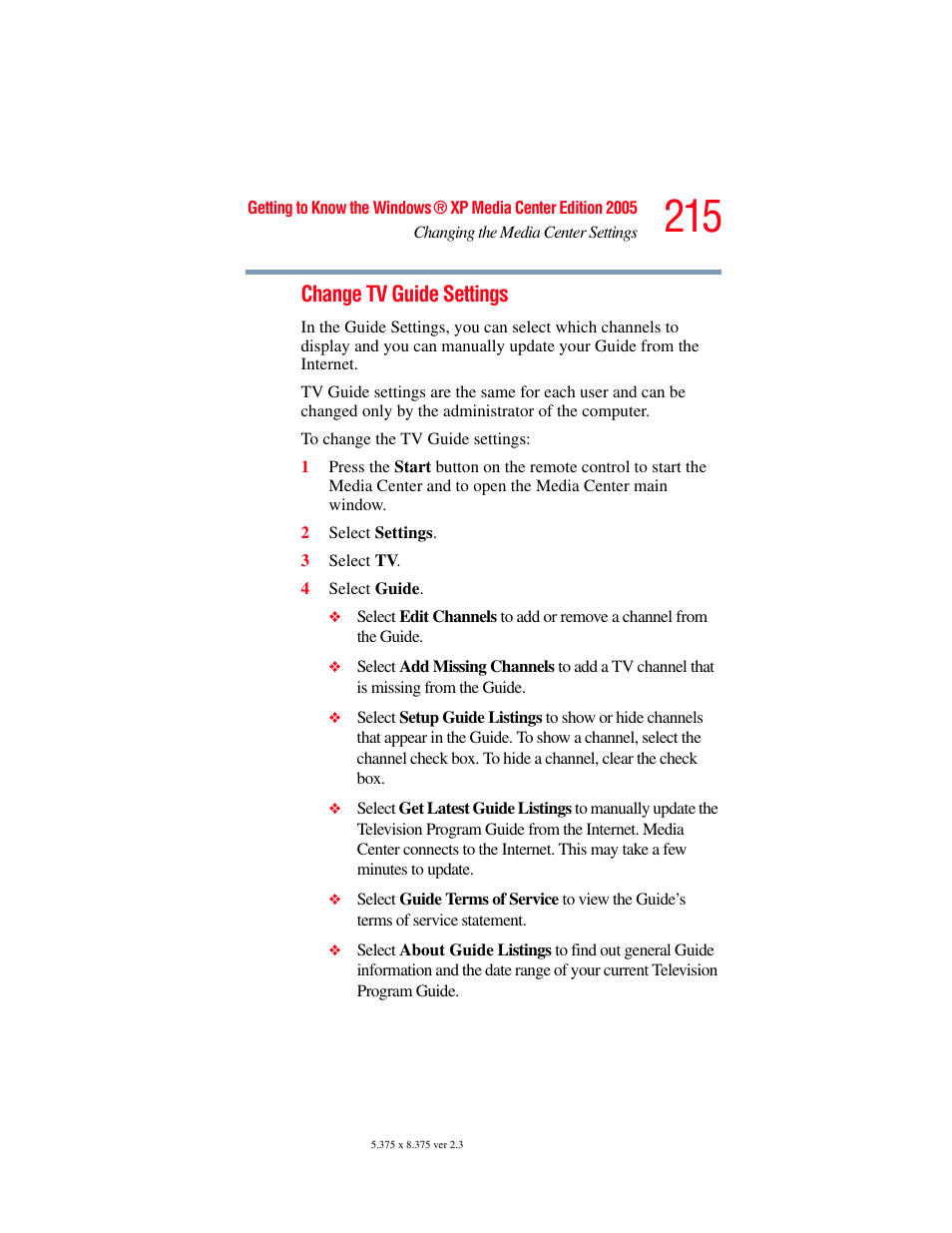 Change tv guide settings | Toshiba F25Series User Manual | Page 215 / 345