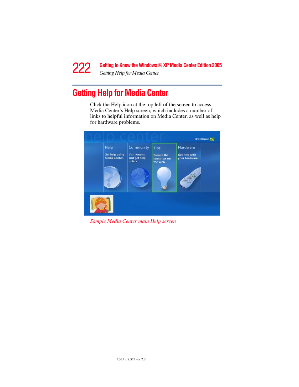 Getting help for media center | Toshiba F25Series User Manual | Page 222 / 345
