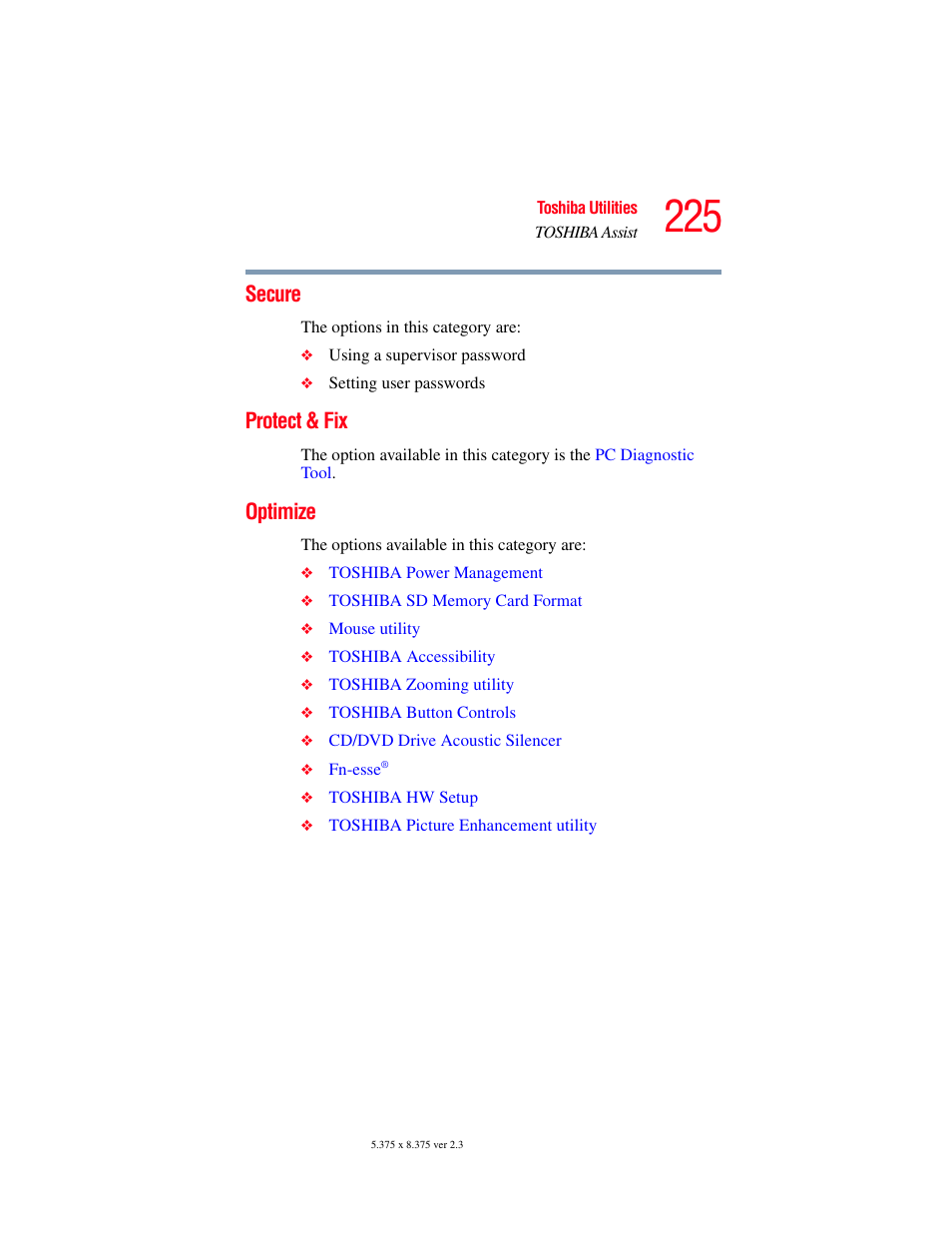 Secure, Protect & fix, Optimize | Secure protect & fix optimize | Toshiba F25Series User Manual | Page 225 / 345