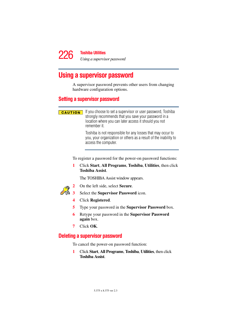 Using a supervisor password, Setting a supervisor password, Deleting a supervisor password | Toshiba F25Series User Manual | Page 226 / 345