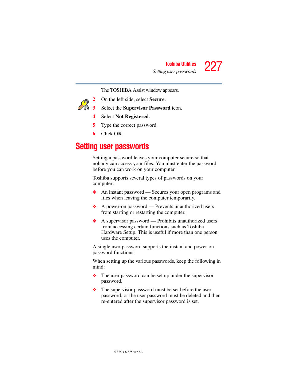 Setting user passwords | Toshiba F25Series User Manual | Page 227 / 345