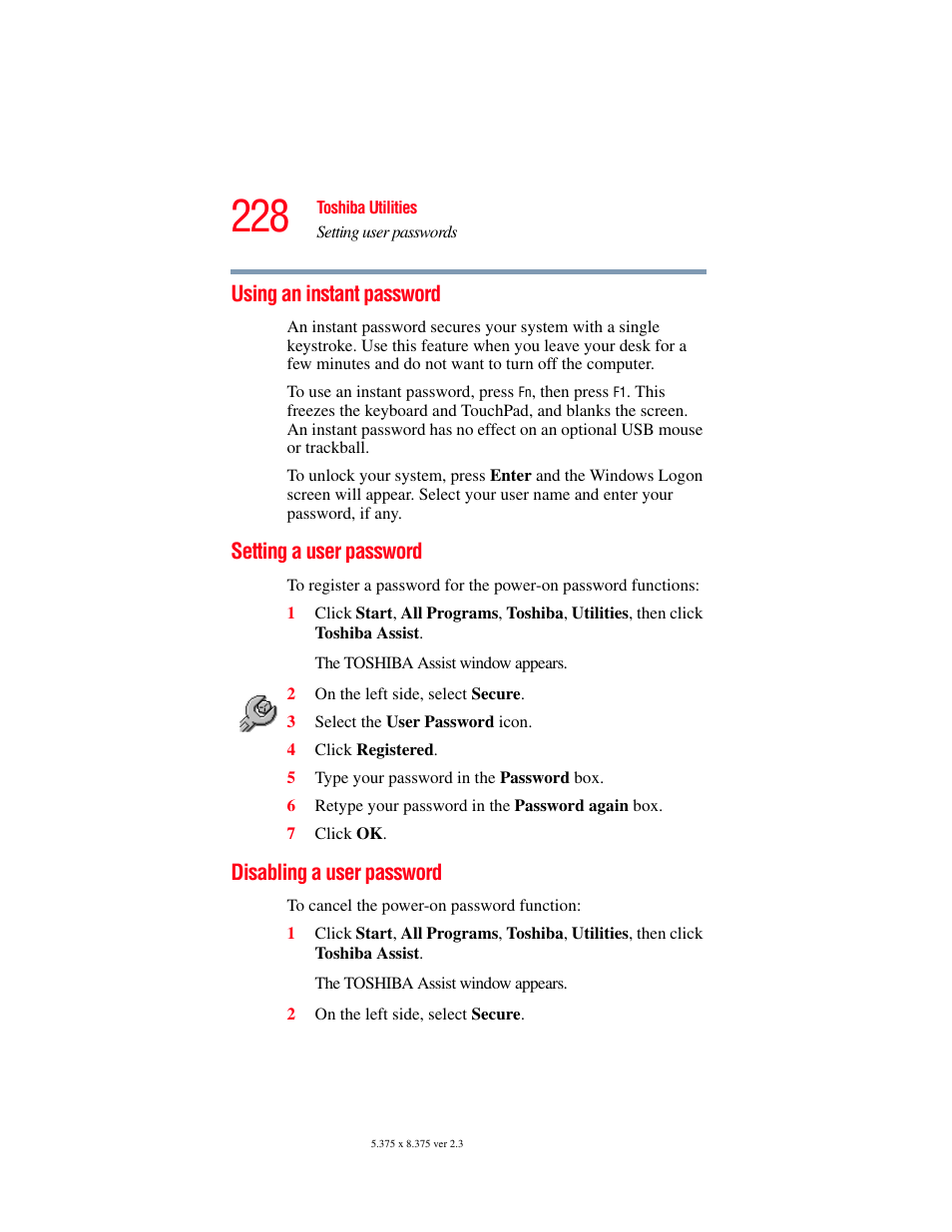 Using an instant password, Setting a user password, Disabling a user password | Toshiba F25Series User Manual | Page 228 / 345