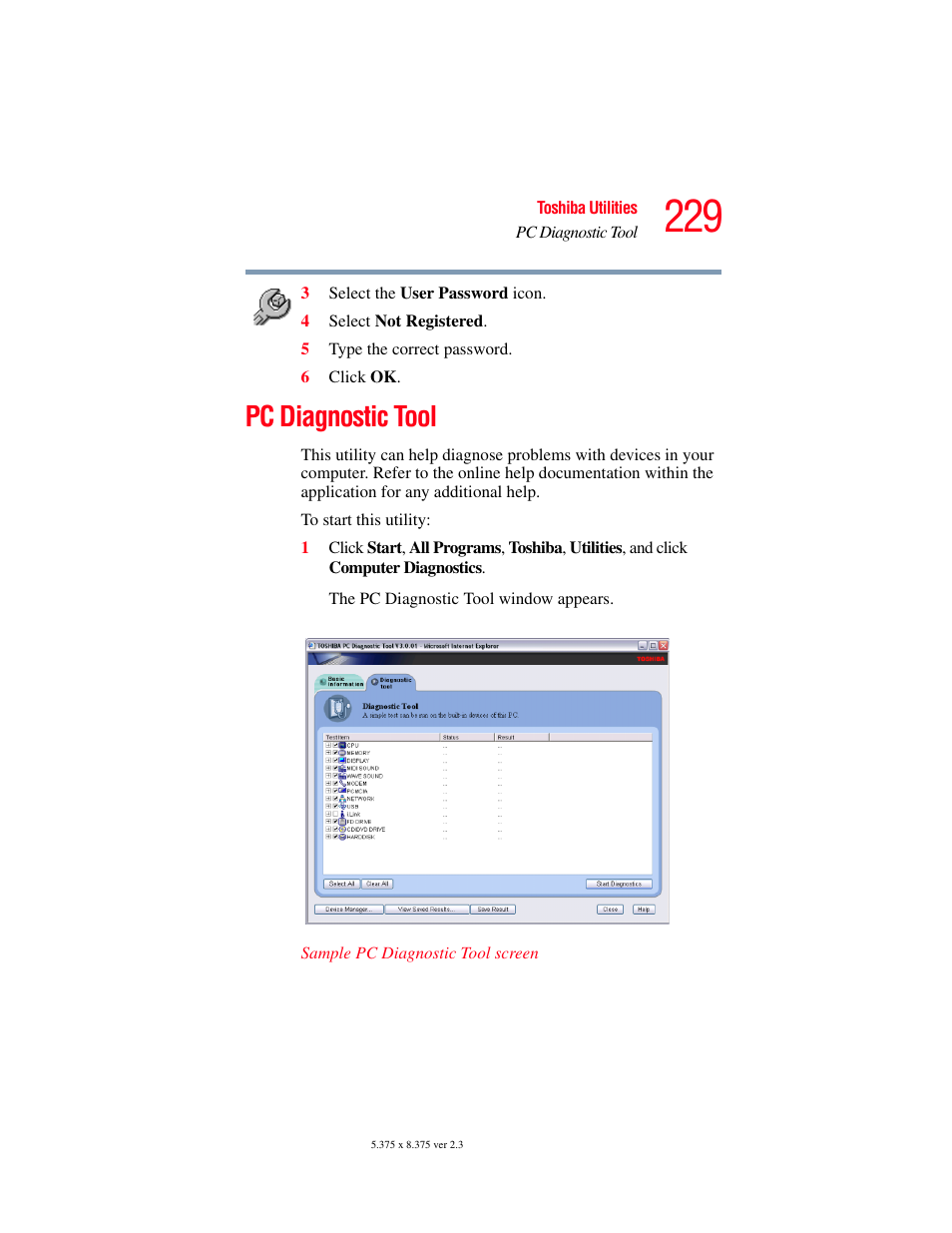 Pc diagnostic tool, Pc diagnostic, Tool | Toshiba F25Series User Manual | Page 229 / 345