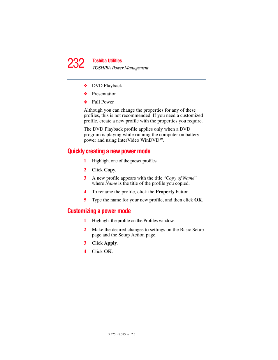 Quickly creating a new power mode, Customizing a power mode | Toshiba F25Series User Manual | Page 232 / 345