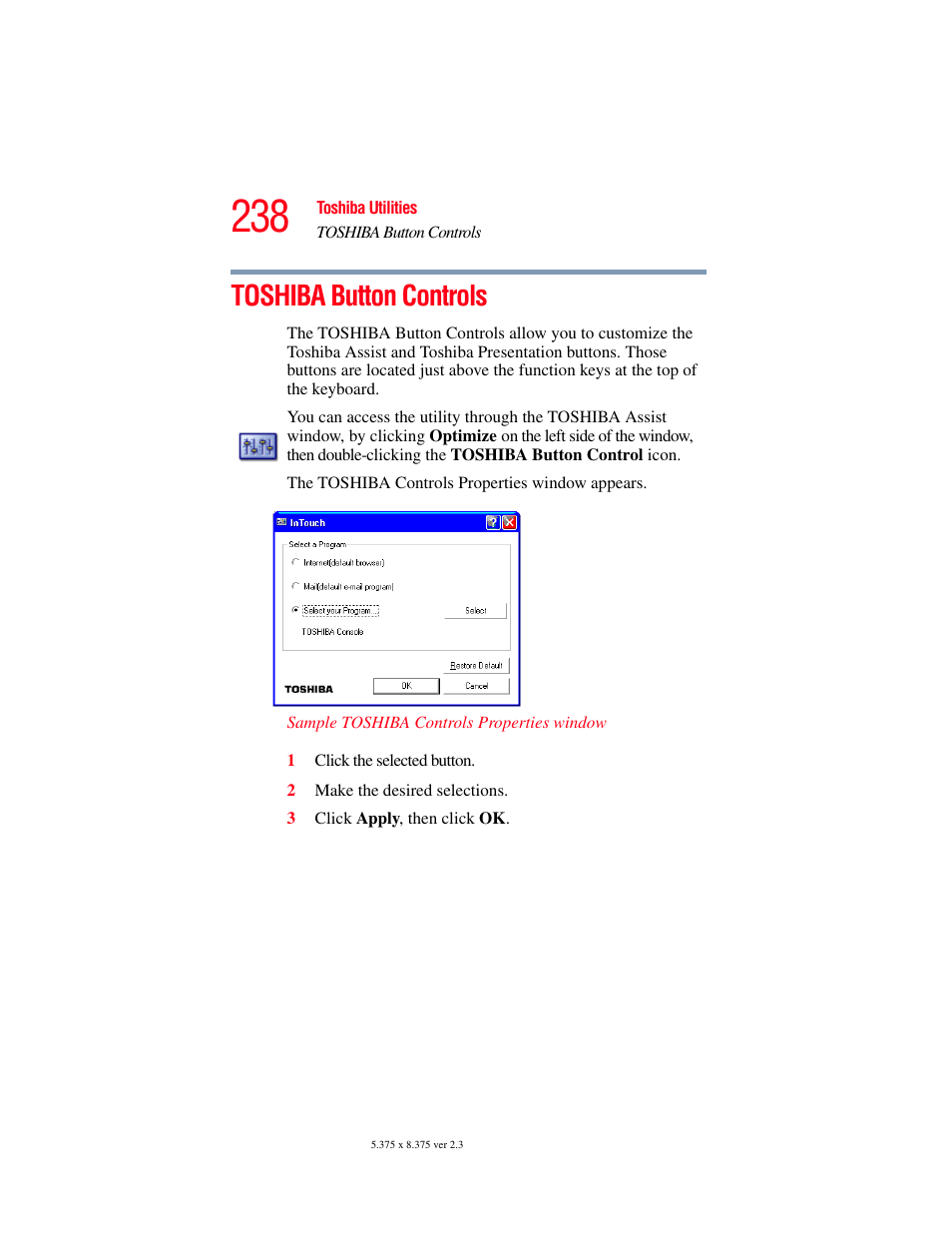 Toshiba button controls | Toshiba F25Series User Manual | Page 238 / 345