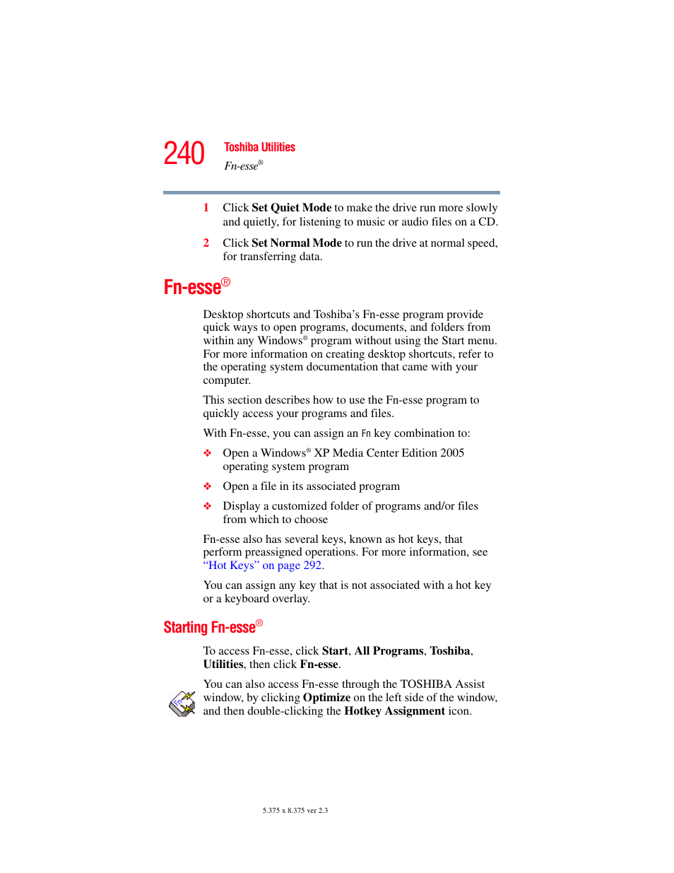 Fn-esse, Starting fn-esse | Toshiba F25Series User Manual | Page 240 / 345