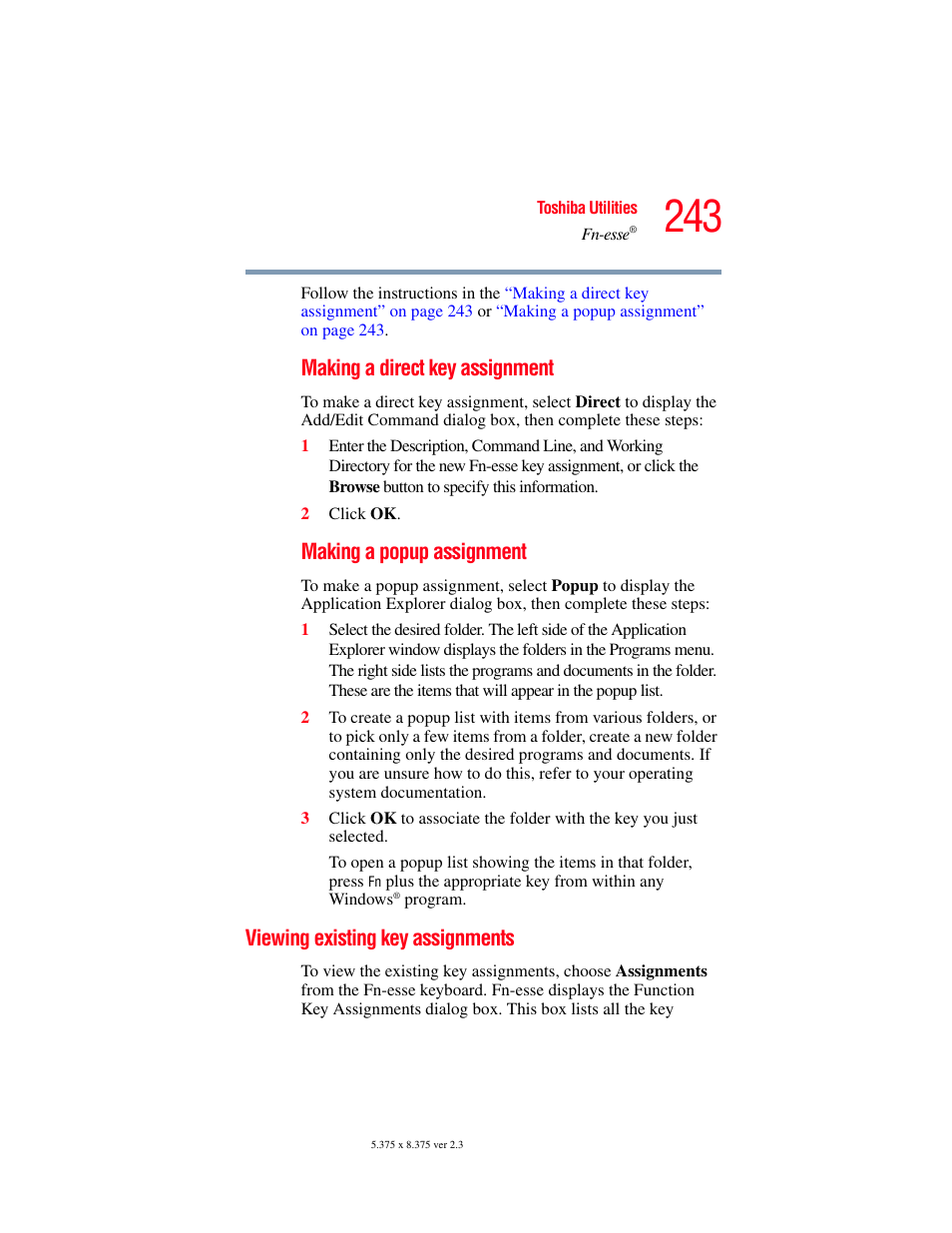 Viewing existing key assignments, Making a direct key assignment, Making a popup assignment | Toshiba F25Series User Manual | Page 243 / 345