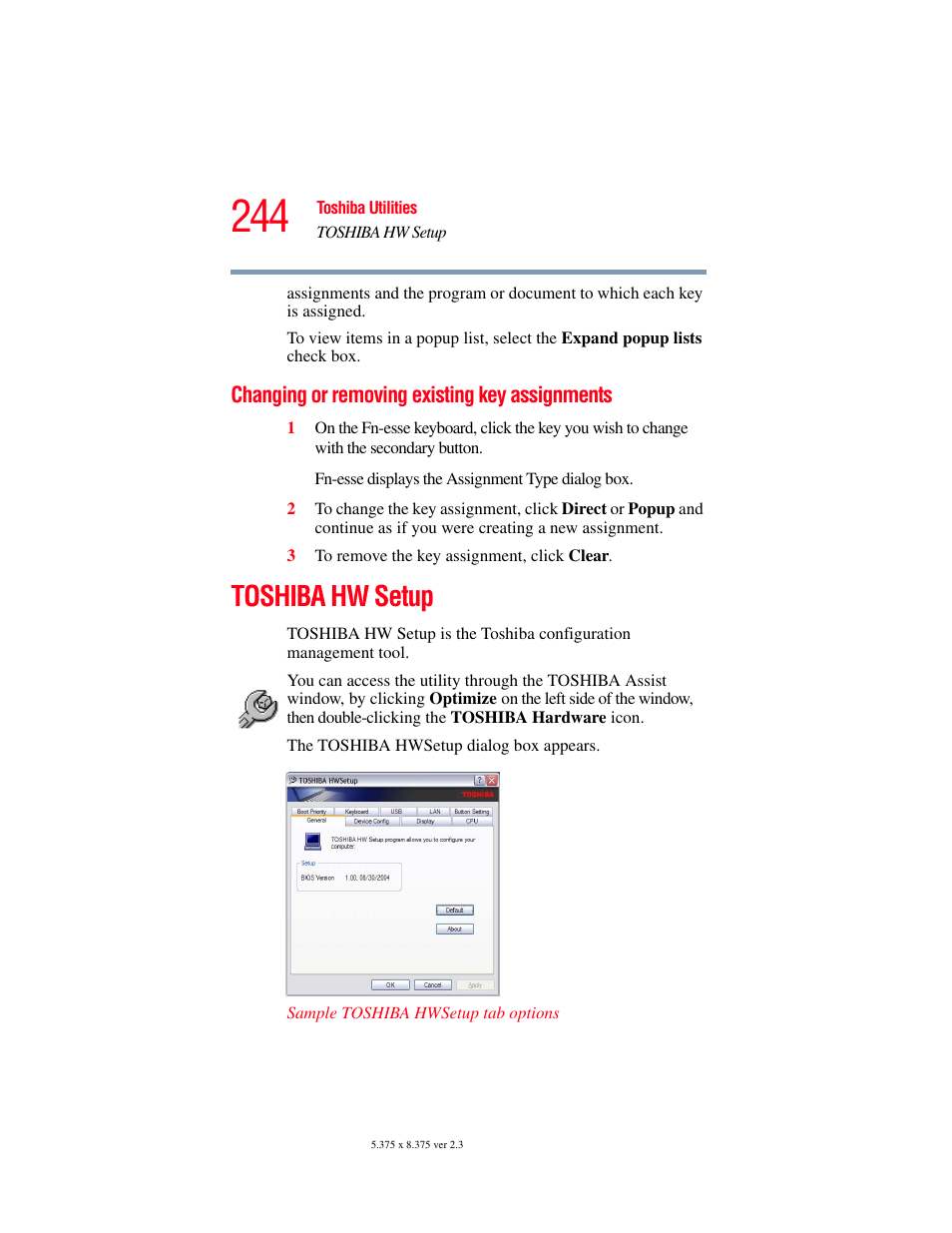 Changing or removing existing key assignments, Toshiba hw setup, Changing or removing existing key | Assignments | Toshiba F25Series User Manual | Page 244 / 345