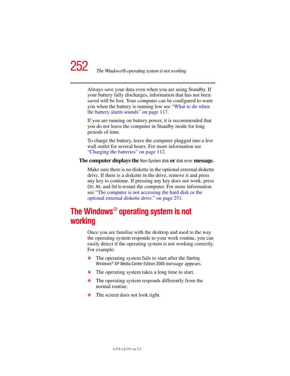 The windows ® operating system is not working, The windows, Operating system is not working | Toshiba F25Series User Manual | Page 252 / 345