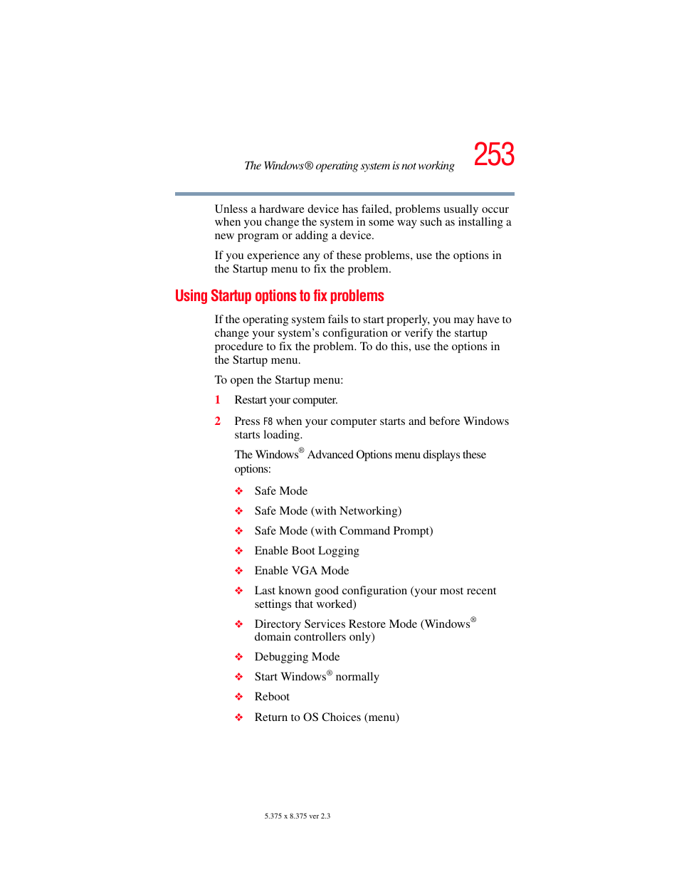 Using startup options to fix problems | Toshiba F25Series User Manual | Page 253 / 345