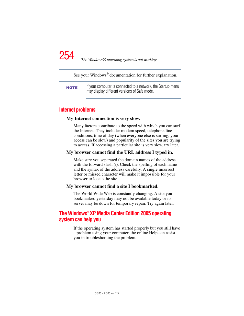 Internet problems, Internet problems the windows | Toshiba F25Series User Manual | Page 254 / 345