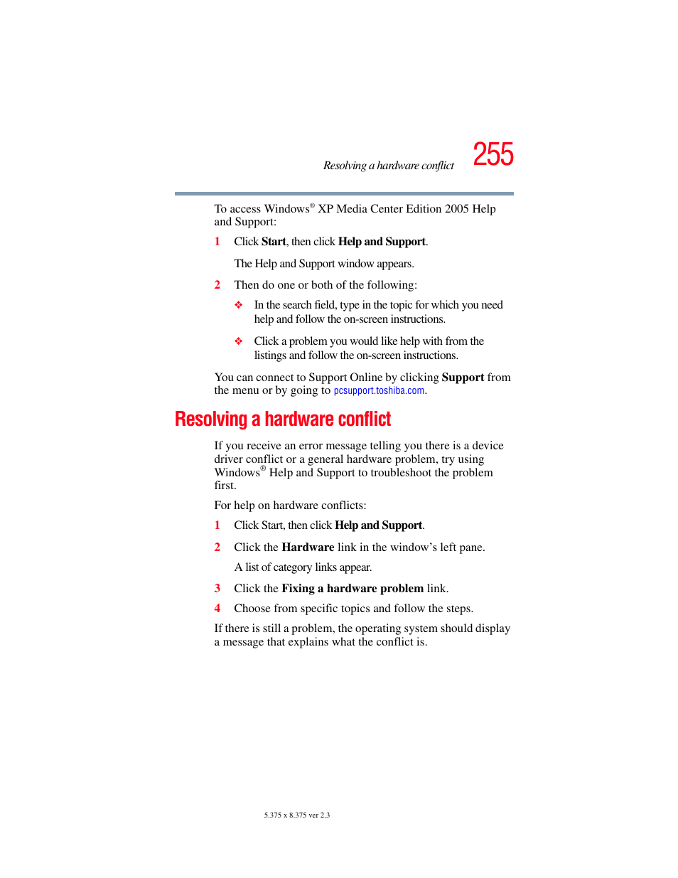 Resolving a hardware conflict | Toshiba F25Series User Manual | Page 255 / 345