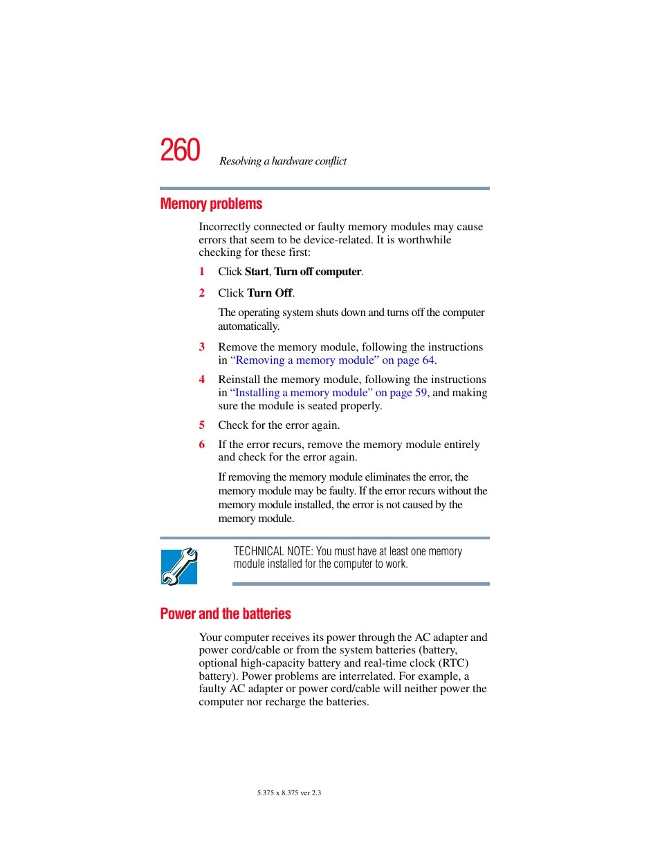 Memory problems, Power and the batteries, Memory problems power and the batteries | Toshiba F25Series User Manual | Page 260 / 345