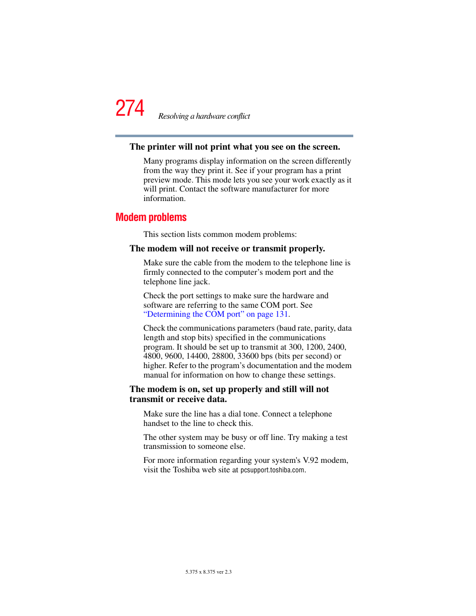 Modem problems | Toshiba F25Series User Manual | Page 274 / 345